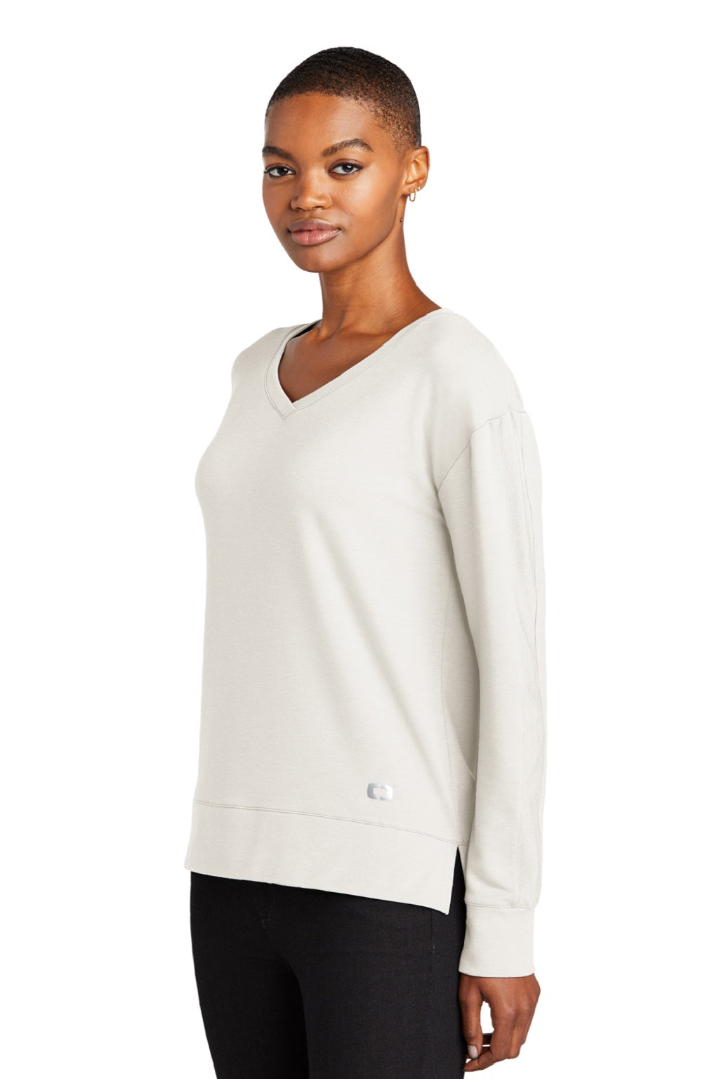 Ogio LOG825 Womens Luuma Flex V-Neck Sweatshirt Ivory Snow White Model 3q