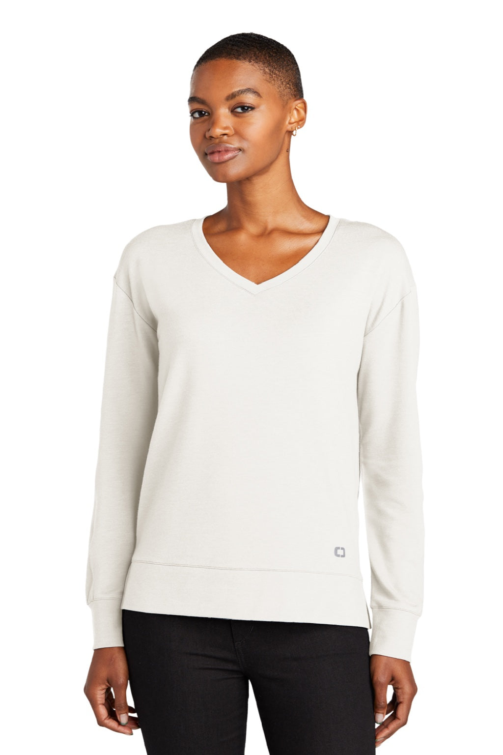 Ogio LOG825 Womens Luuma Flex V-Neck Sweatshirt Ivory Snow White Model Front