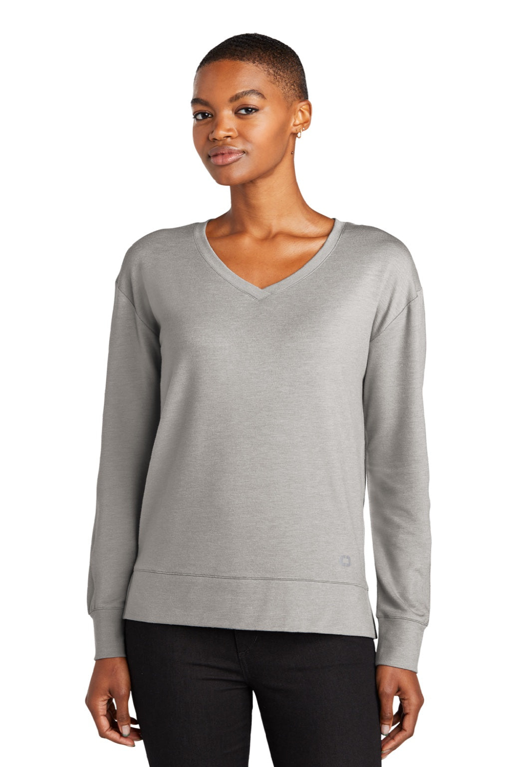 Ogio LOG825 Womens Luuma Flex V-Neck Sweatshirt Heather Petrol Grey Model Front