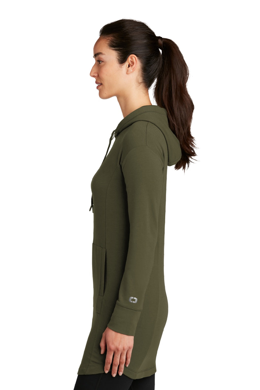 Ogio LOG827 Womens Luuma Flex Hooded Sweatshirt Hoodie w/ Pockets Deep Olive Green Model Side