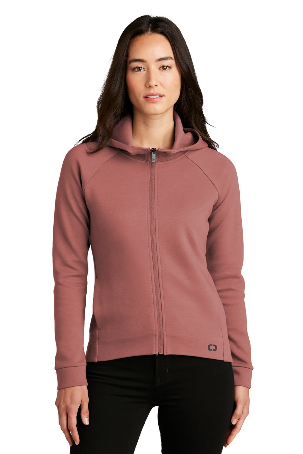 Ogio LOG850 Womens Bolt Full Zip Hooded Sweatshirt Hoodie w/ Pockets Deep Rose Model Front