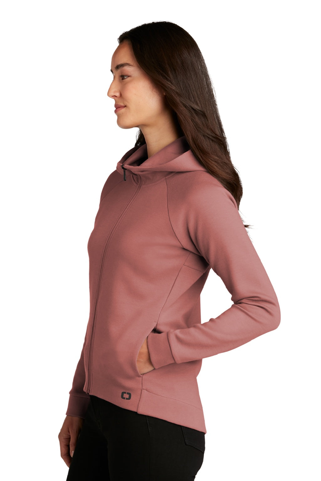 Ogio LOG850 Womens Bolt Full Zip Hooded Sweatshirt Hoodie w/ Pockets Deep Rose Model Side
