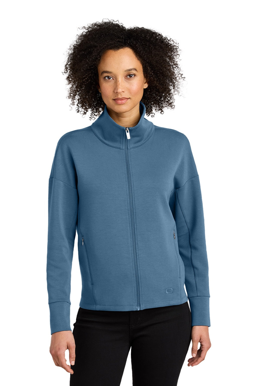Ogio LOG860 Womens Transcend Full Zip Sweatshirt w/ Pockets Mist Blue Model Front