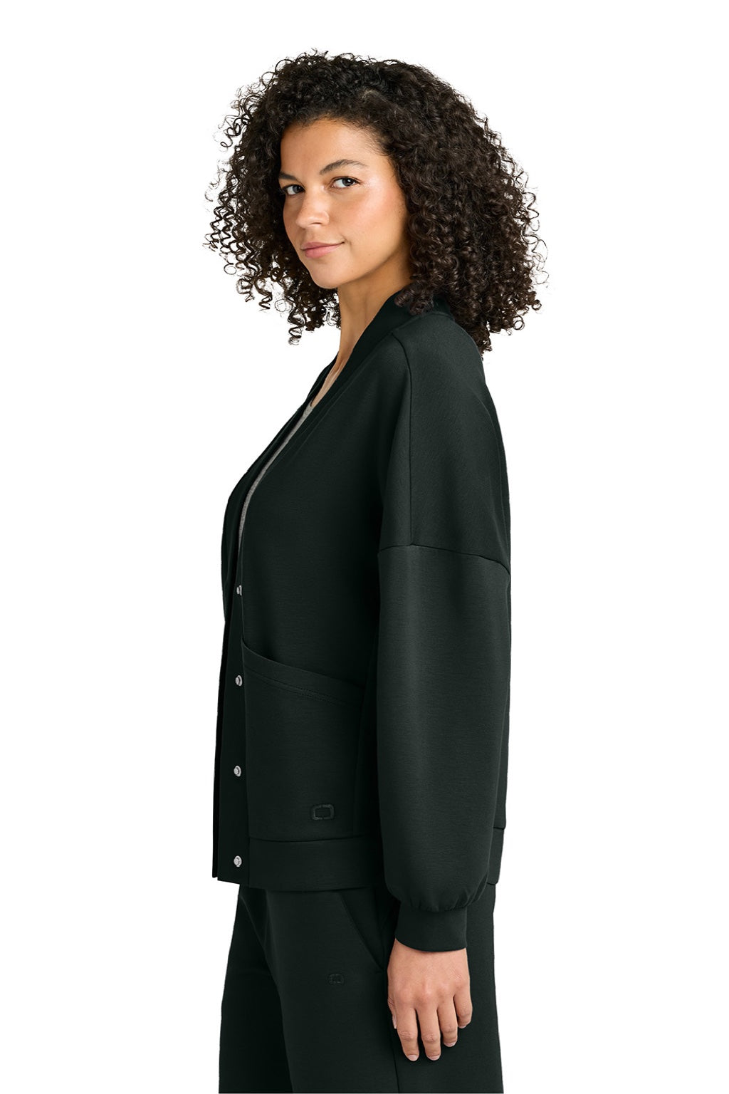 Ogio LOG862 Womens Transcend Fleece Cardigan Sweatshirt w/ Pockets Blacktop Model Side
