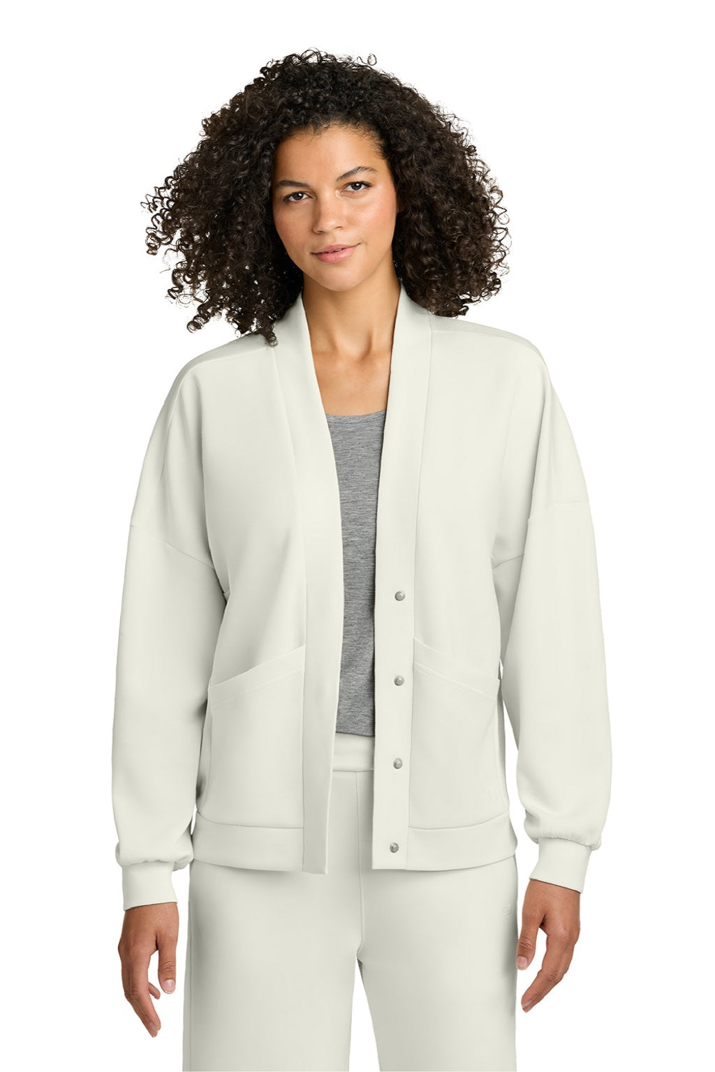 Ogio LOG862 Womens Transcend Fleece Cardigan Sweatshirt w/ Pockets Opal White Model Front