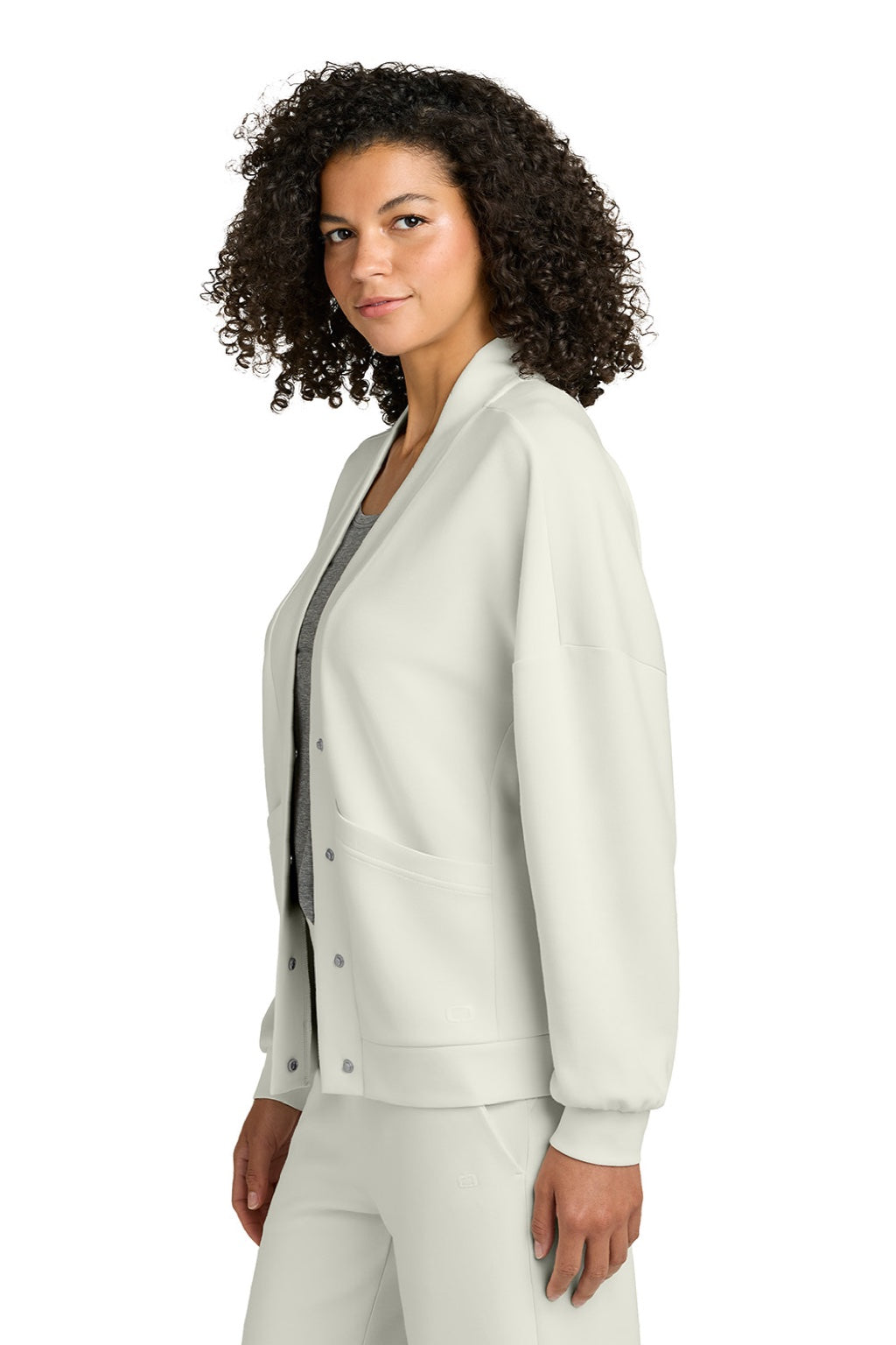 Ogio LOG862 Womens Transcend Fleece Cardigan Sweatshirt w/ Pockets Opal White Model Side