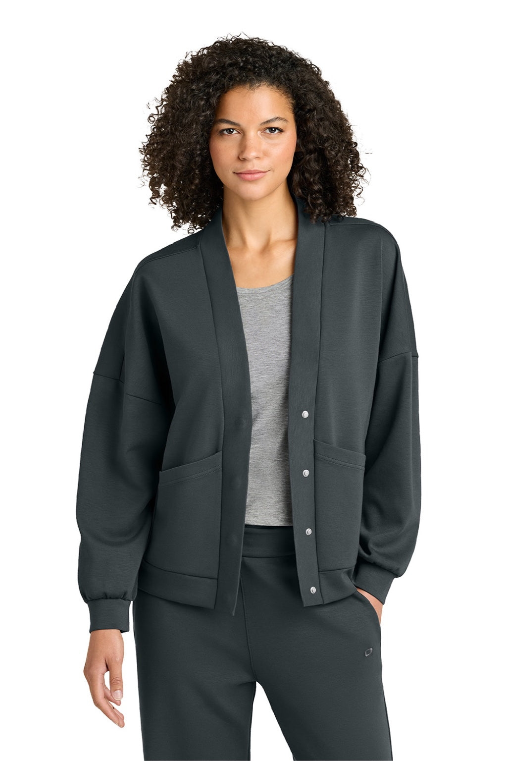 Ogio LOG862 Womens Transcend Fleece Cardigan Sweatshirt w/ Pockets Tarmac Grey Model Front