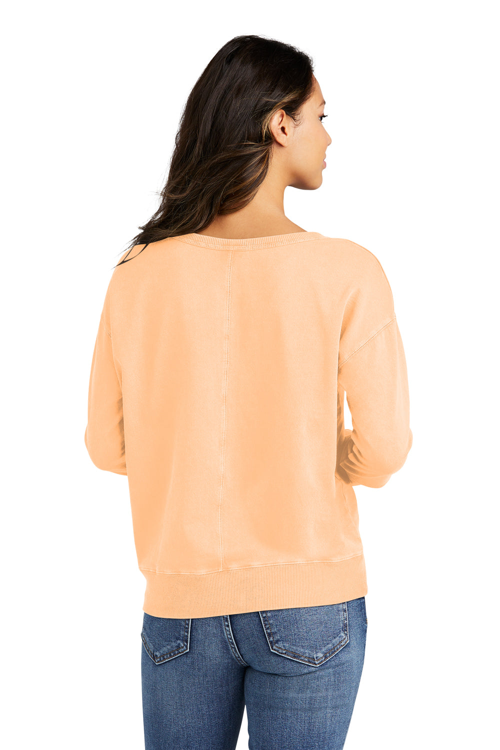Port & Company LPC098V Womens Beach Wash Garment Dyed V-Neck Sweatshirt Peach Model Back