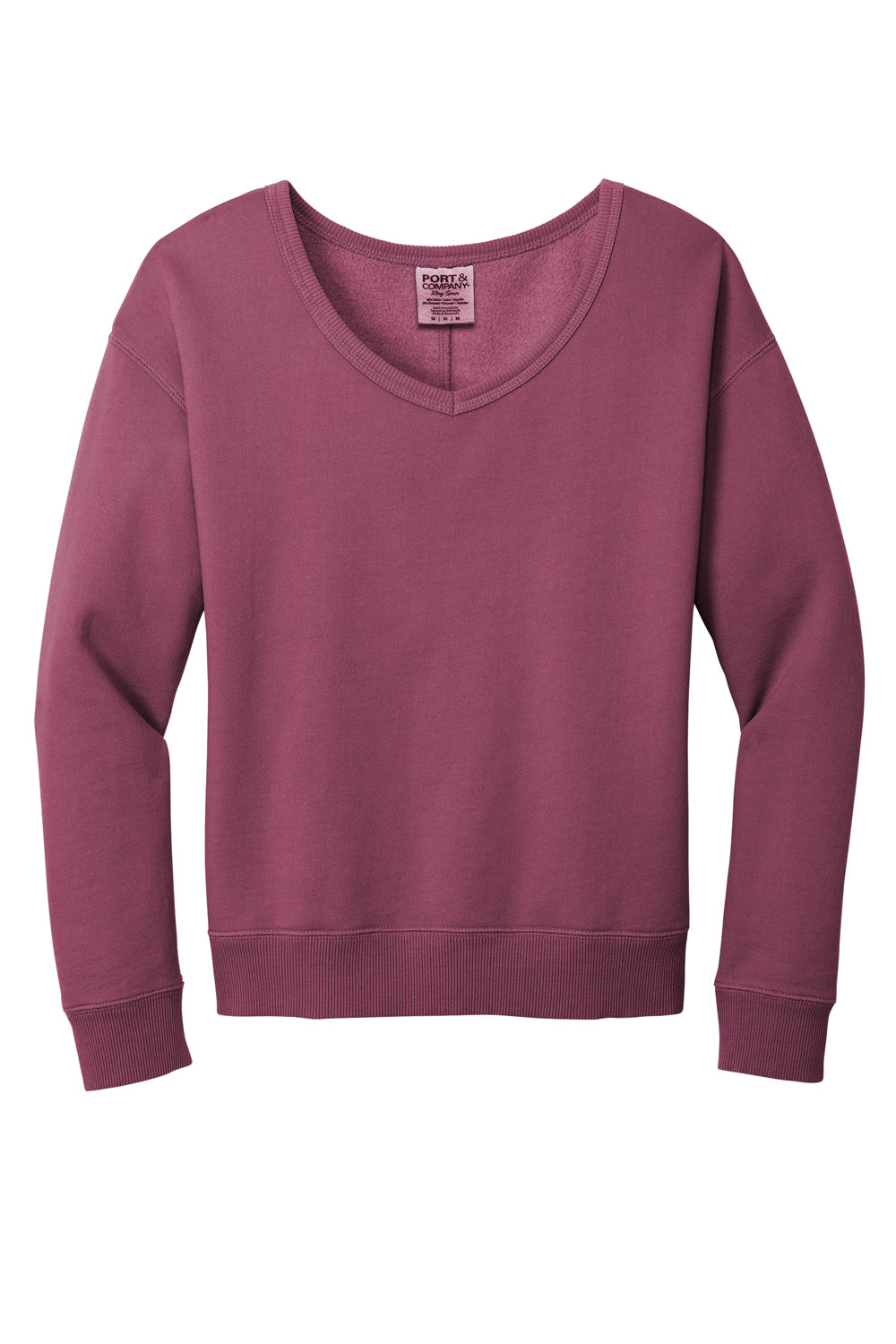 Port & Company LPC098V Womens Beach Wash Garment Dyed V-Neck Sweatshirt Vintage Raspberry Flat Front