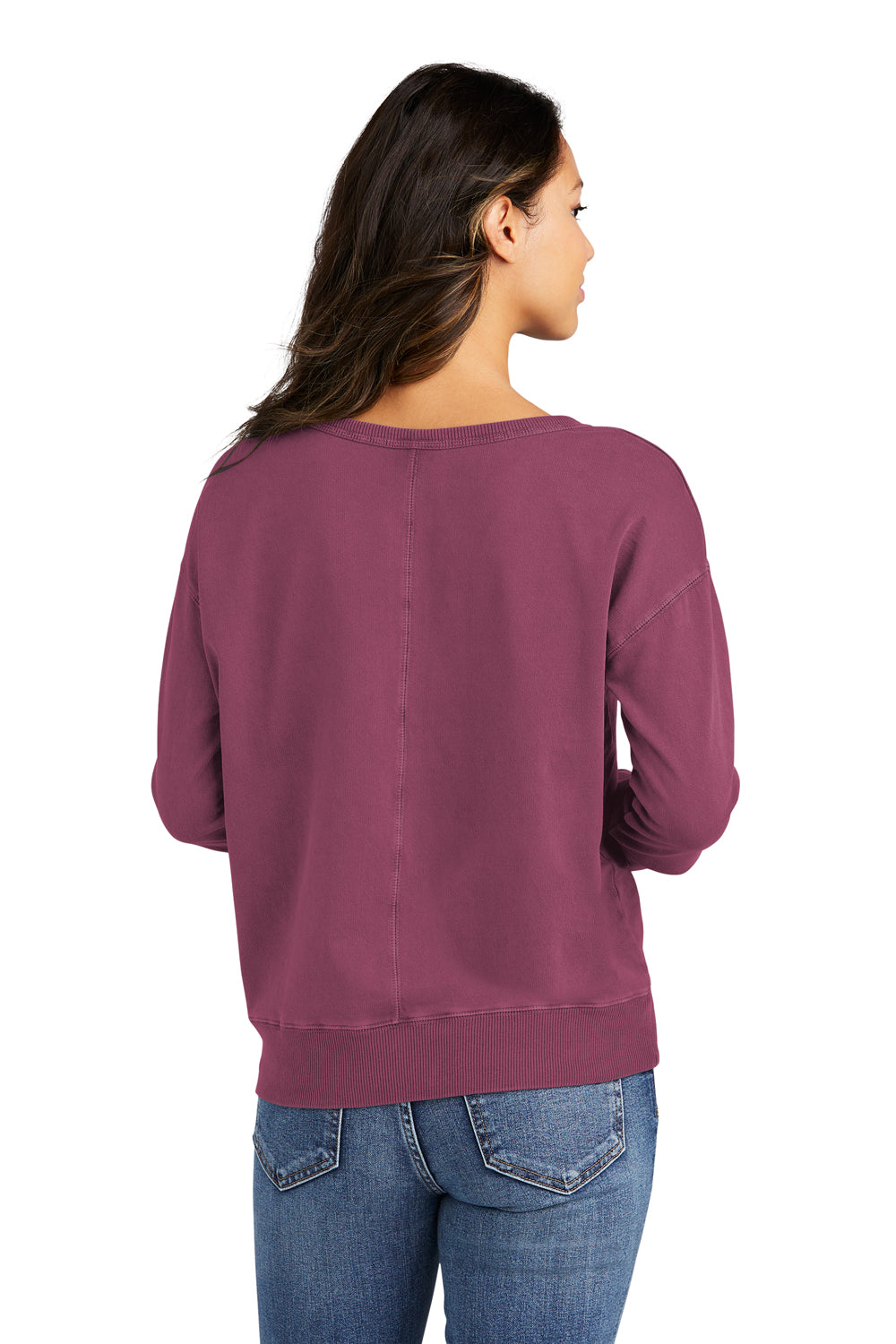 Port & Company LPC098V Womens Beach Wash Garment Dyed V-Neck Sweatshirt Vintage Raspberry Model Back