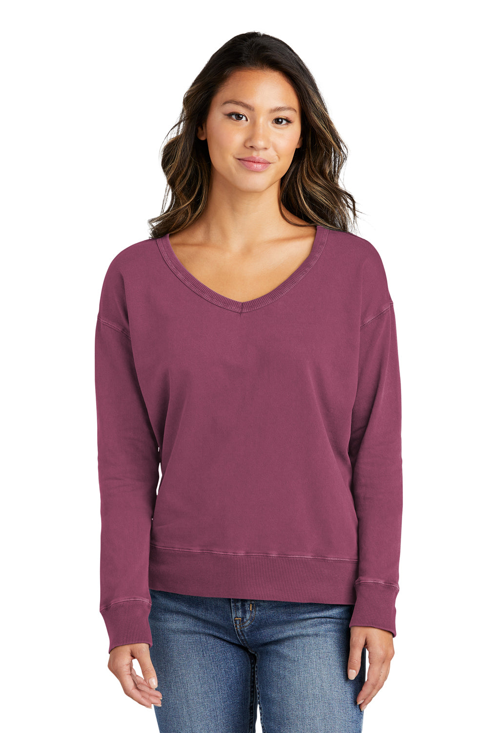 Port & Company LPC098V Womens Beach Wash Garment Dyed V-Neck Sweatshirt Vintage Raspberry Model Front