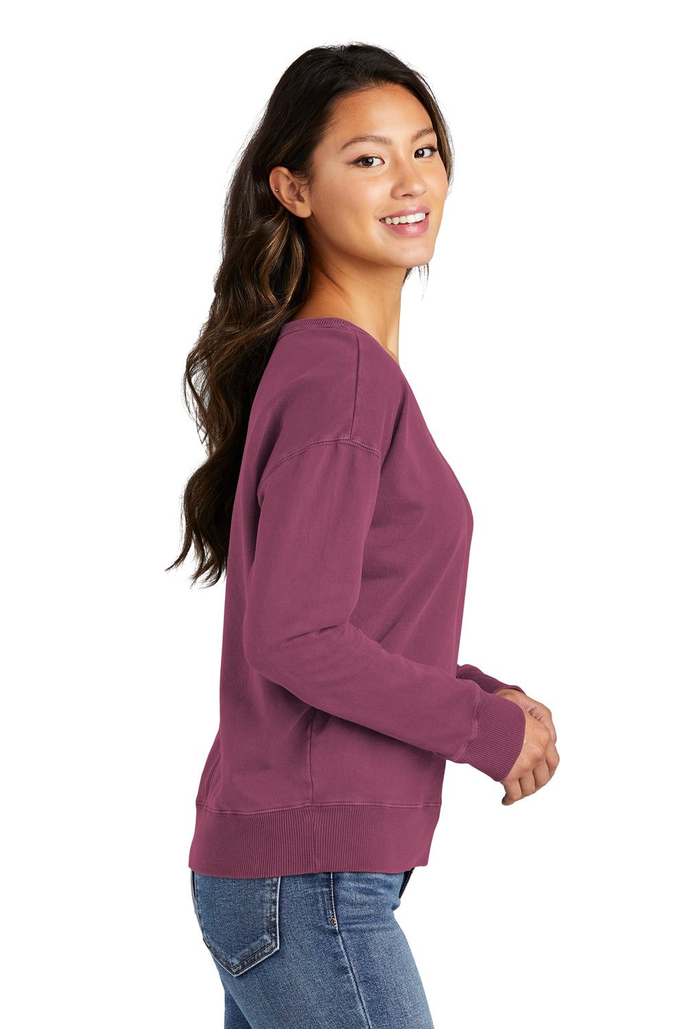 Port & Company LPC098V Womens Beach Wash Garment Dyed V-Neck Sweatshirt Vintage Raspberry Model Side