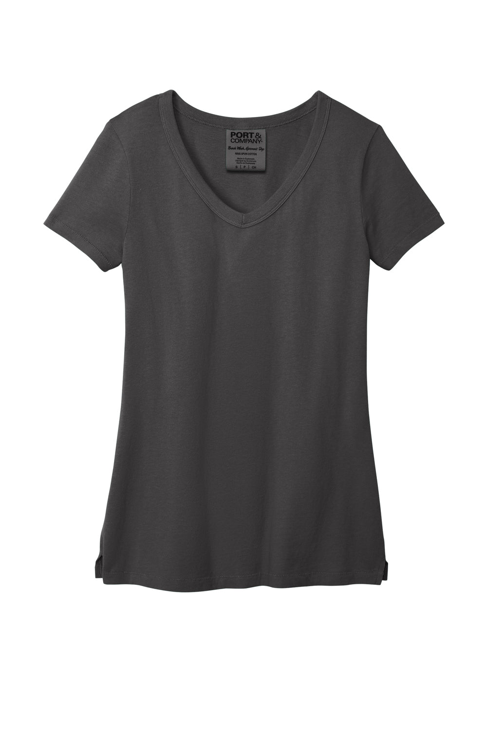 Port & Company LPC099V Womens Beach Wash Garment Dyed Short Sleeve V-Neck T-Shirt Coal Grey Flat Front