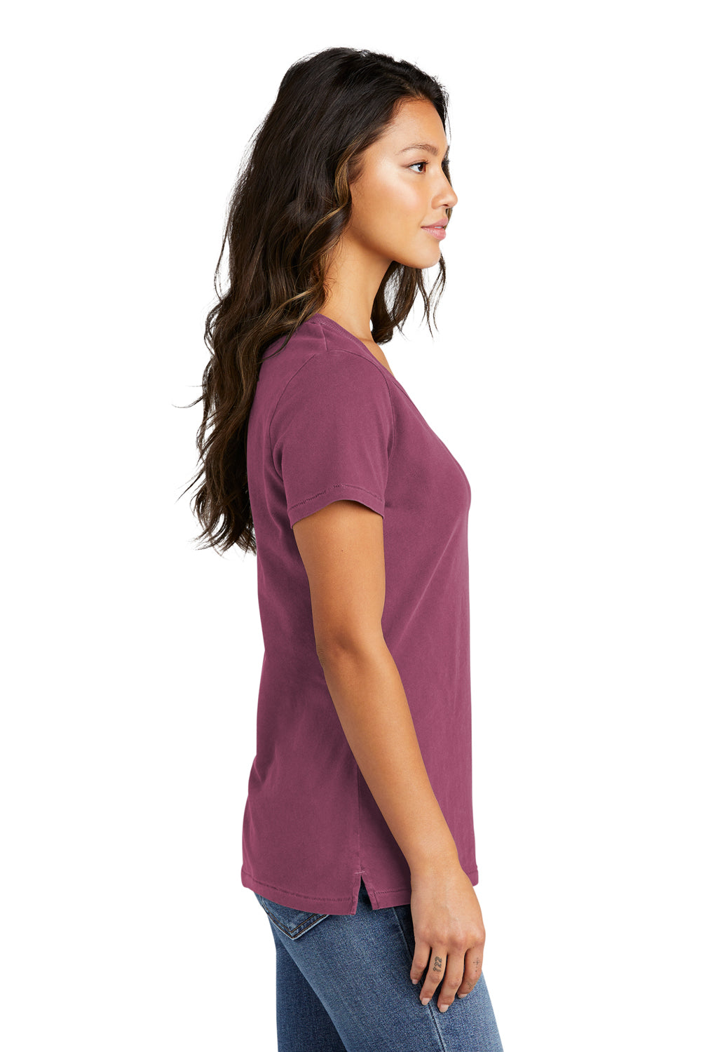 Port & Company LPC099V Womens Beach Wash Garment Dyed Short Sleeve V-Neck T-Shirt Vintage Raspberry Model Side