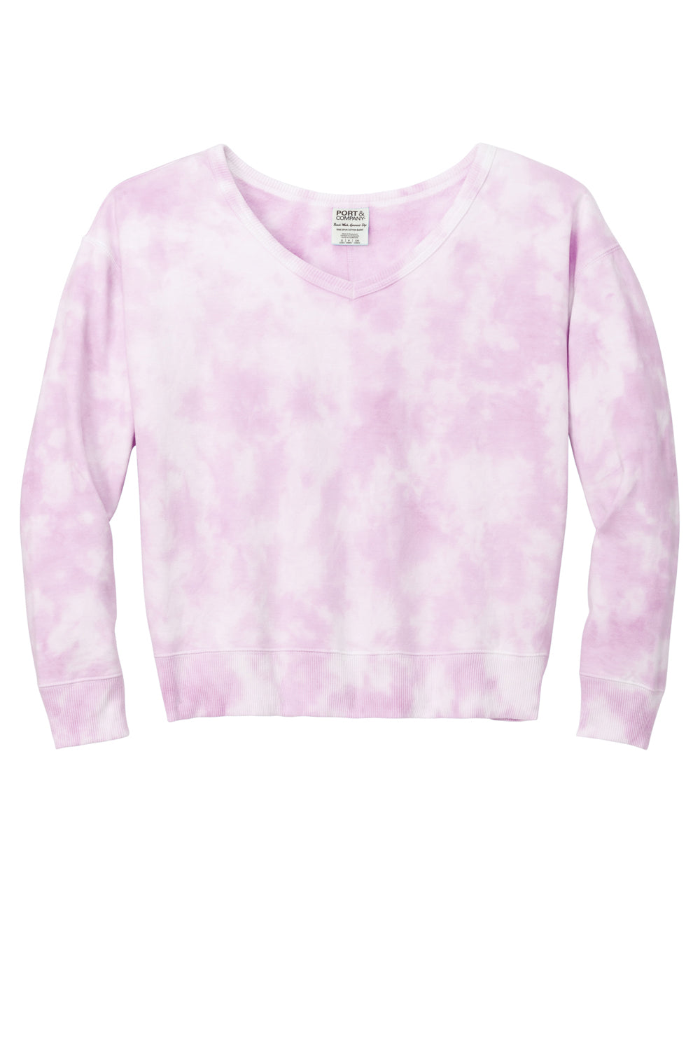 Port & Company LPC140V Womens Beach Wash Tie Dye V-Neck Sweatshirt Cerise Pink Flat Front
