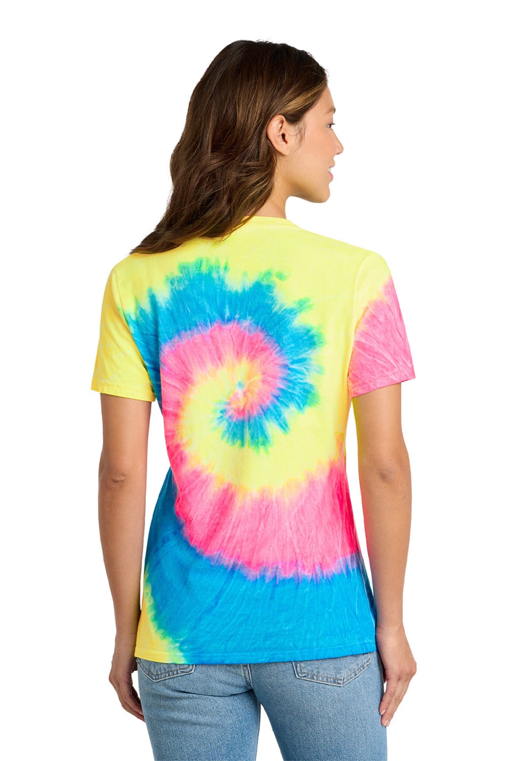 Port & Company LPC147V Womens Tie-Dye Short Sleeve V-Neck T-Shirt Neon Rainbow Model Back