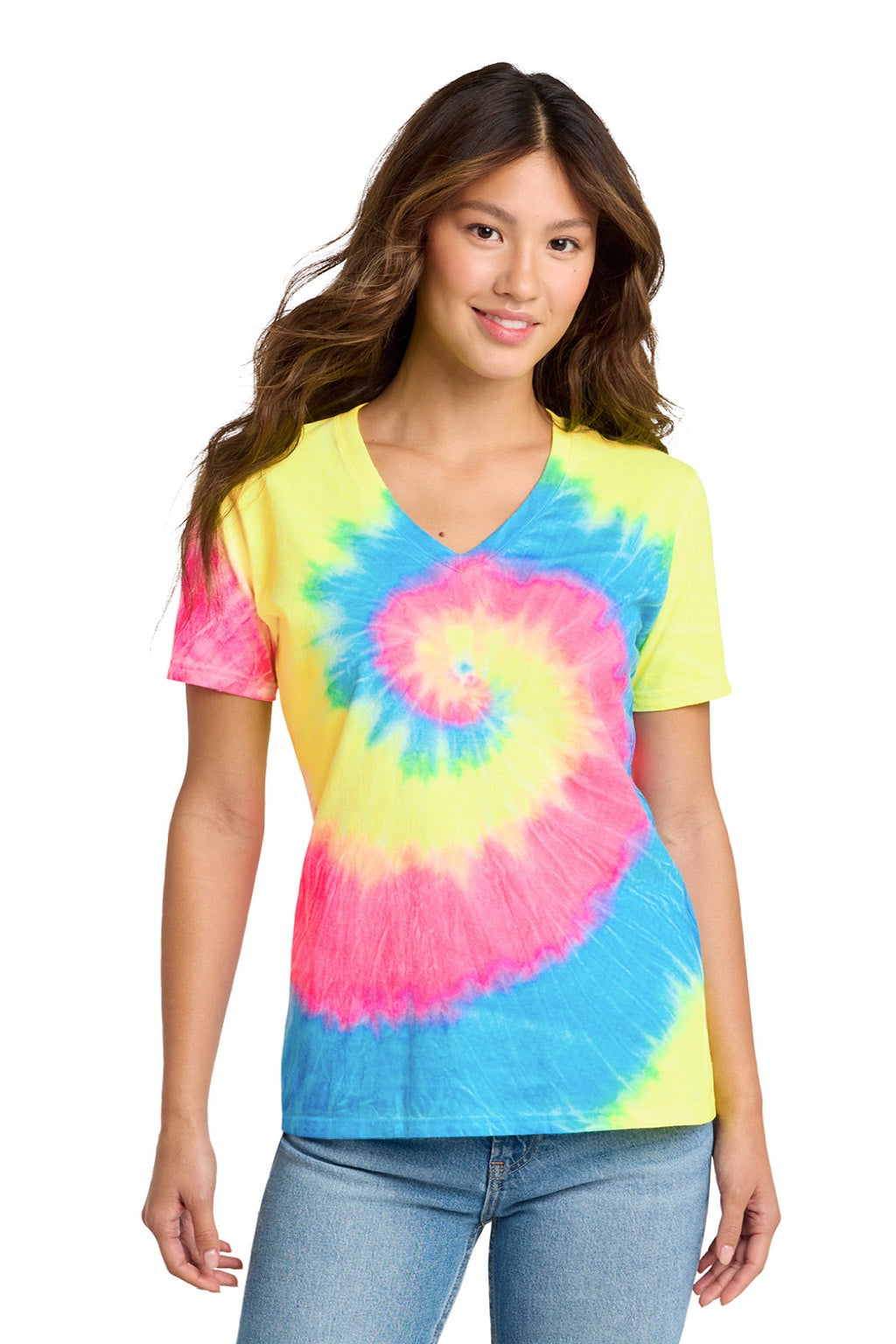 Port & Company LPC147V Womens Tie-Dye Short Sleeve V-Neck T-Shirt Neon Rainbow Model Front