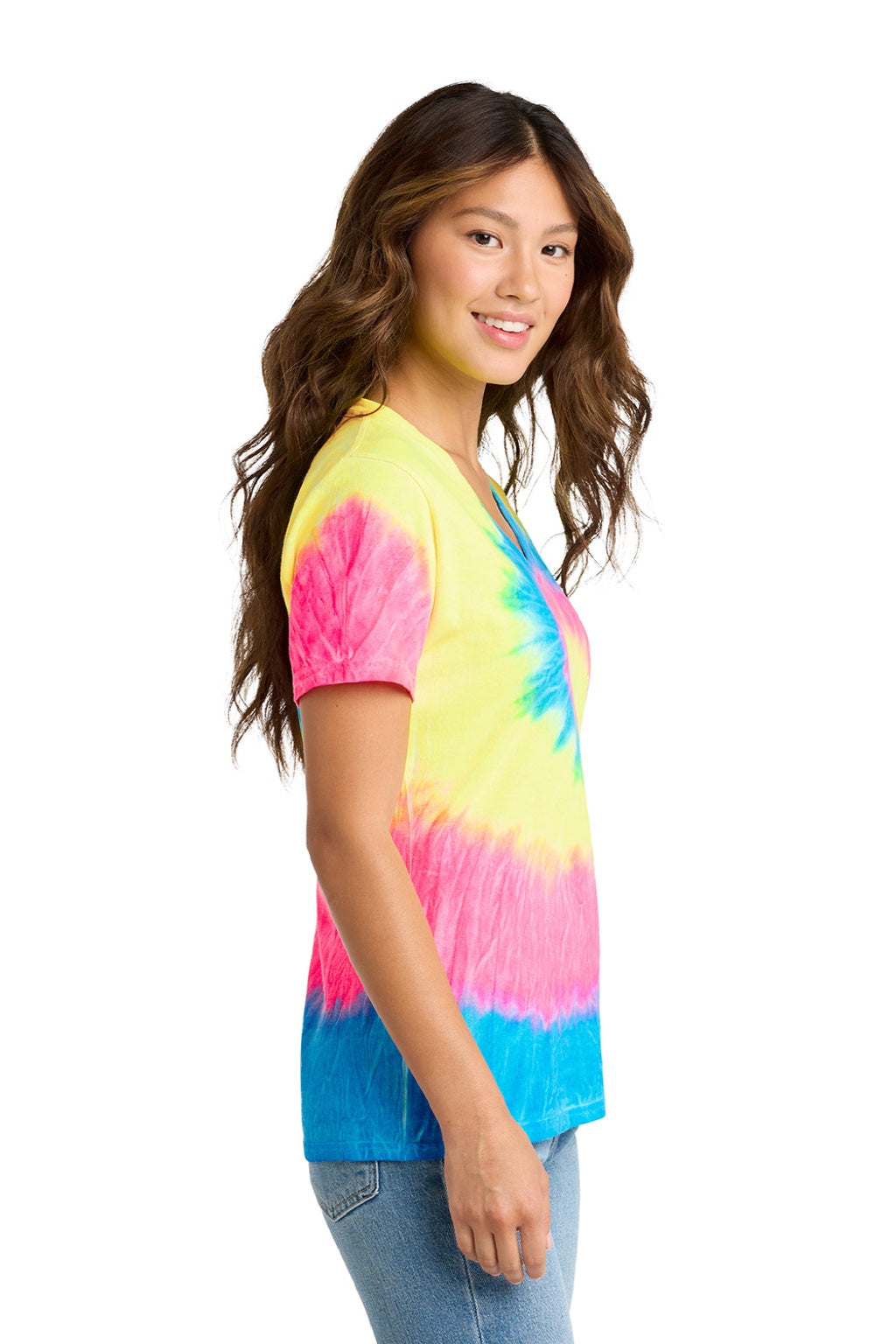 Port & Company LPC147V Womens Tie-Dye Short Sleeve V-Neck T-Shirt Neon Rainbow Model Side