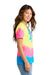 Port & Company LPC147V Womens Tie-Dye Short Sleeve V-Neck T-Shirt Neon Rainbow Model Side