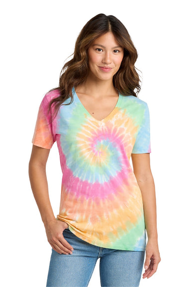 Port & Company LPC147V Womens Tie-Dye Short Sleeve V-Neck T-Shirt Pastel Rainbow Model Front