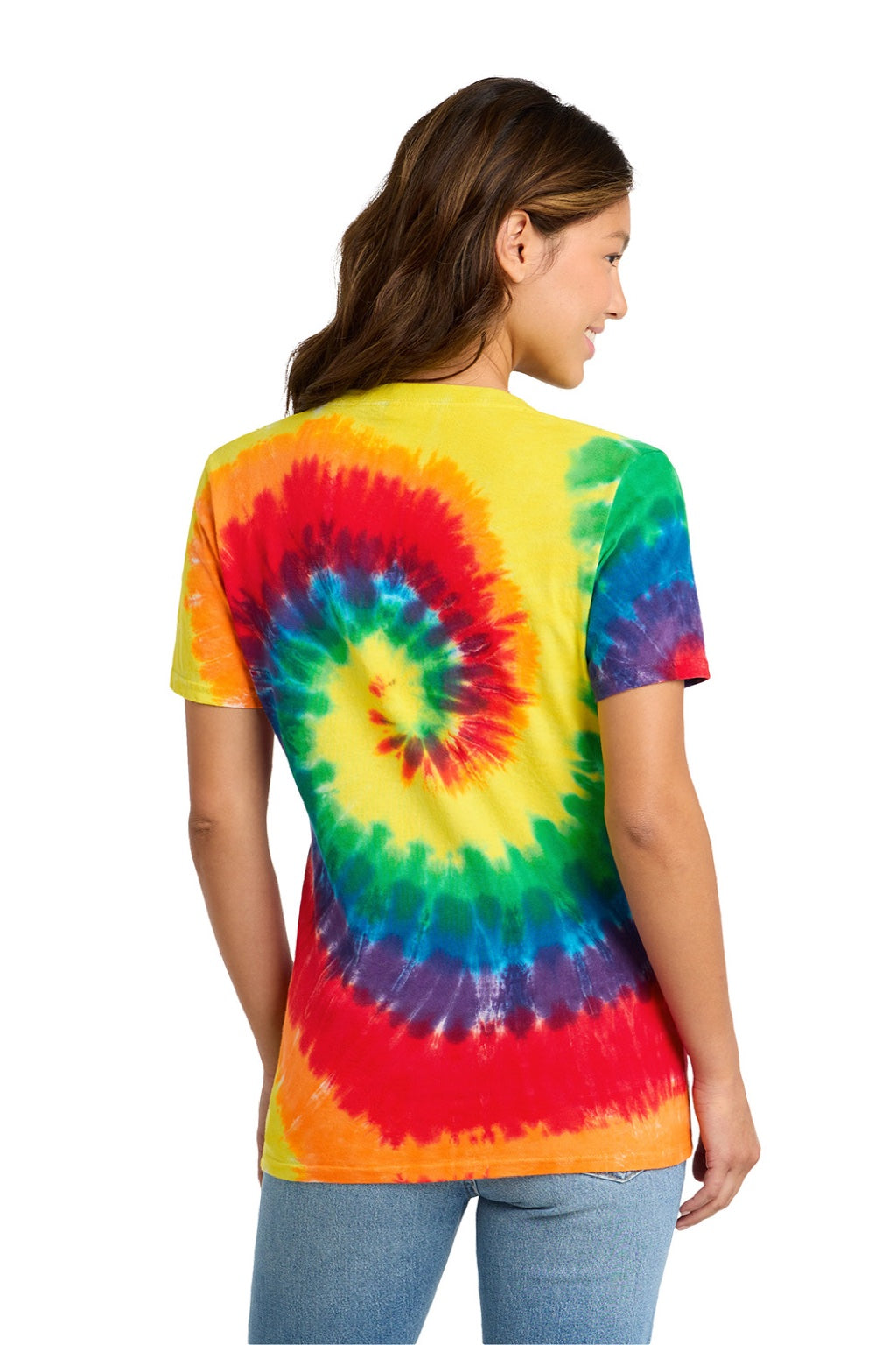 Port & Company LPC147V Womens Tie-Dye Short Sleeve V-Neck T-Shirt Rainbow Model Back