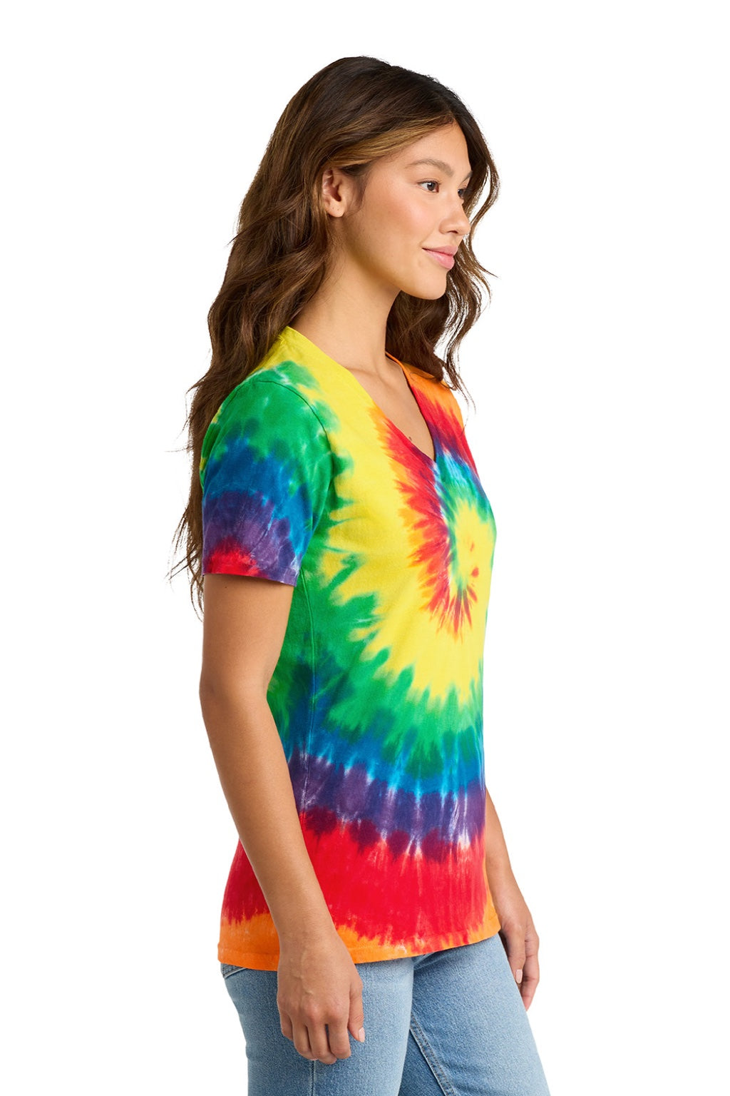 Port & Company LPC147V Womens Tie-Dye Short Sleeve V-Neck T-Shirt Rainbow Model Side