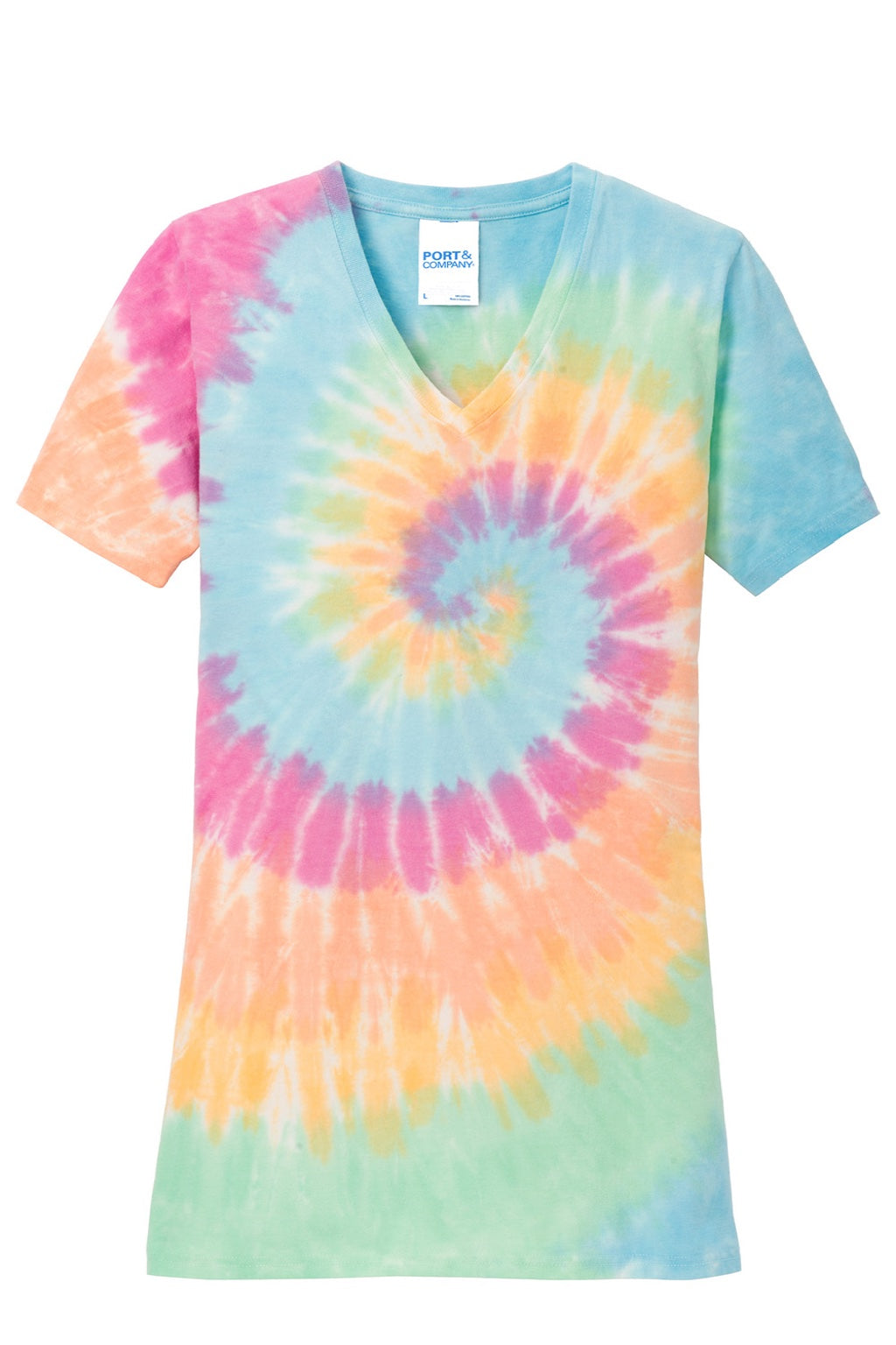 Port & Company LPC147V Womens Tie-Dye Short Sleeve V-Neck T-Shirt Pastel Rainbow Flat Front