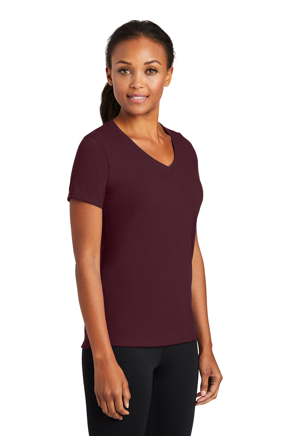 Port & Company LPC381V Womens Dry Zone Performance Moisture Wicking Short Sleeve V-Neck T-Shirt Athletic Maroon Model 3q