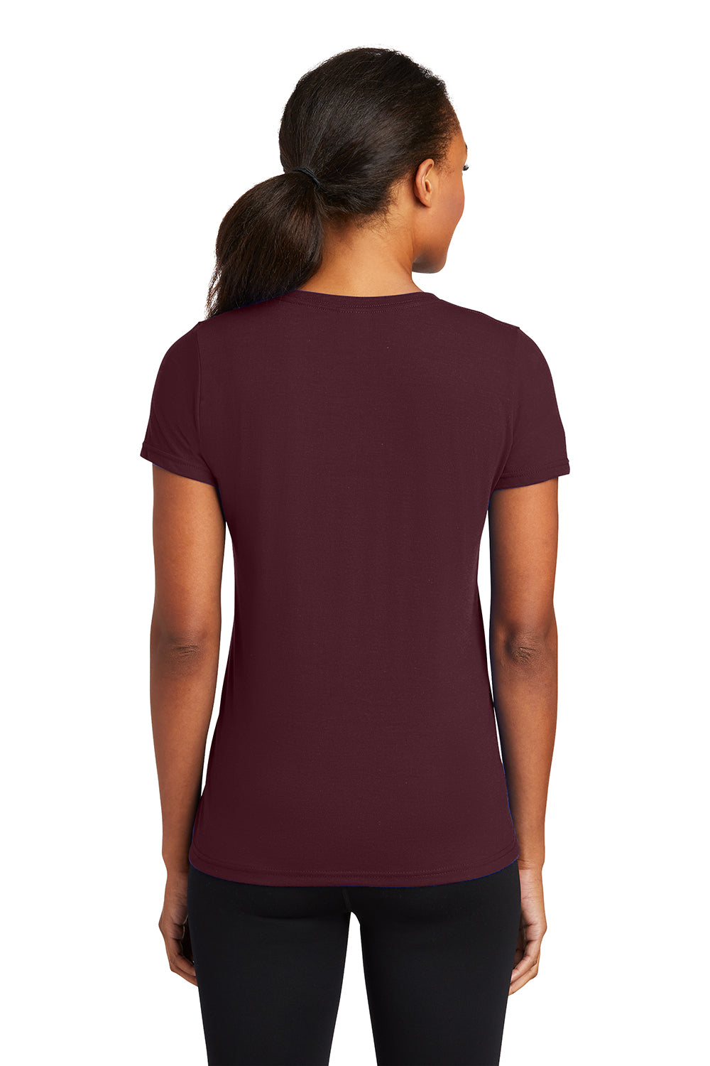Port & Company LPC381V Womens Dry Zone Performance Moisture Wicking Short Sleeve V-Neck T-Shirt Athletic Maroon Model Back