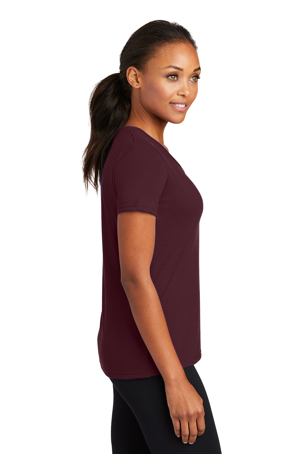 Port & Company LPC381V Womens Dry Zone Performance Moisture Wicking Short Sleeve V-Neck T-Shirt Athletic Maroon Model Side