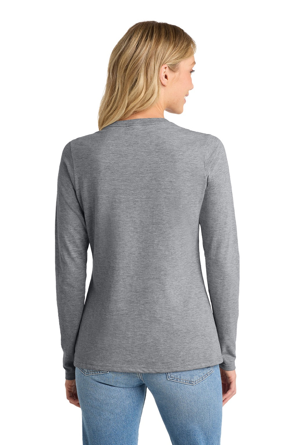 Port & Company LPC450VLS Womens Fan Favorite Long Sleeve V-Neck T-Shirt Heather Grey Model Back
