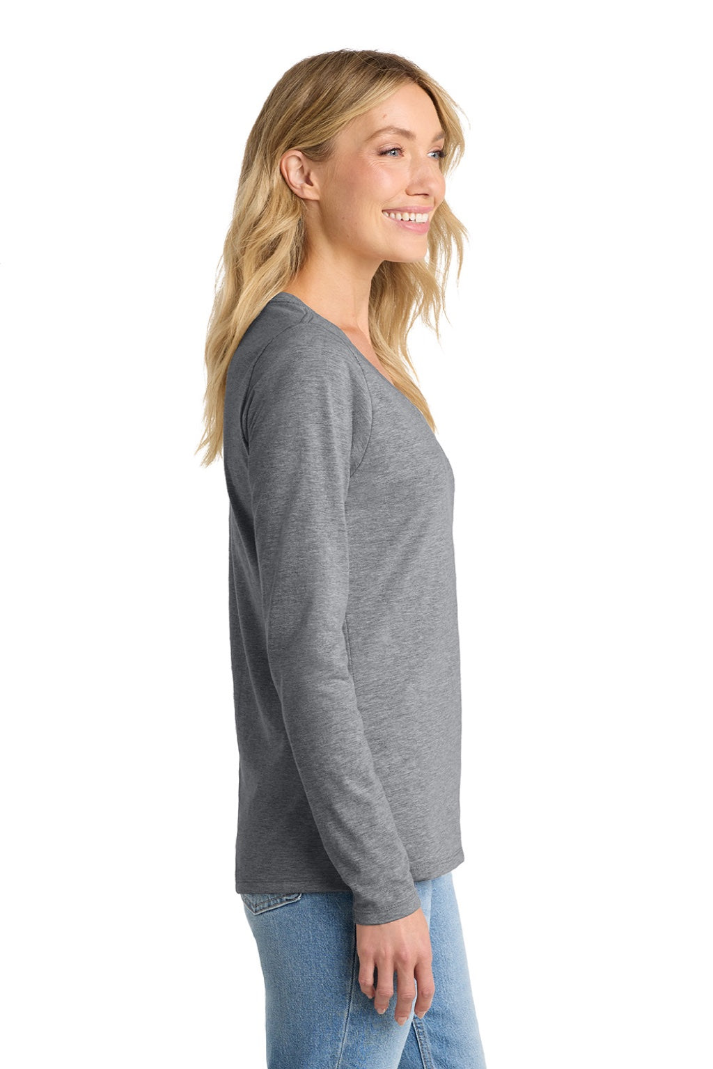 Port & Company LPC450VLS Womens Fan Favorite Long Sleeve V-Neck T-Shirt Heather Grey Model Side