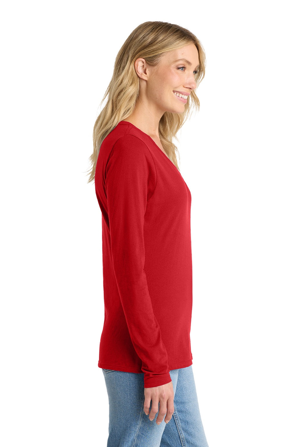Port & Company LPC450VLS Womens Fan Favorite Long Sleeve V-Neck T-Shirt Bright Red Model Side