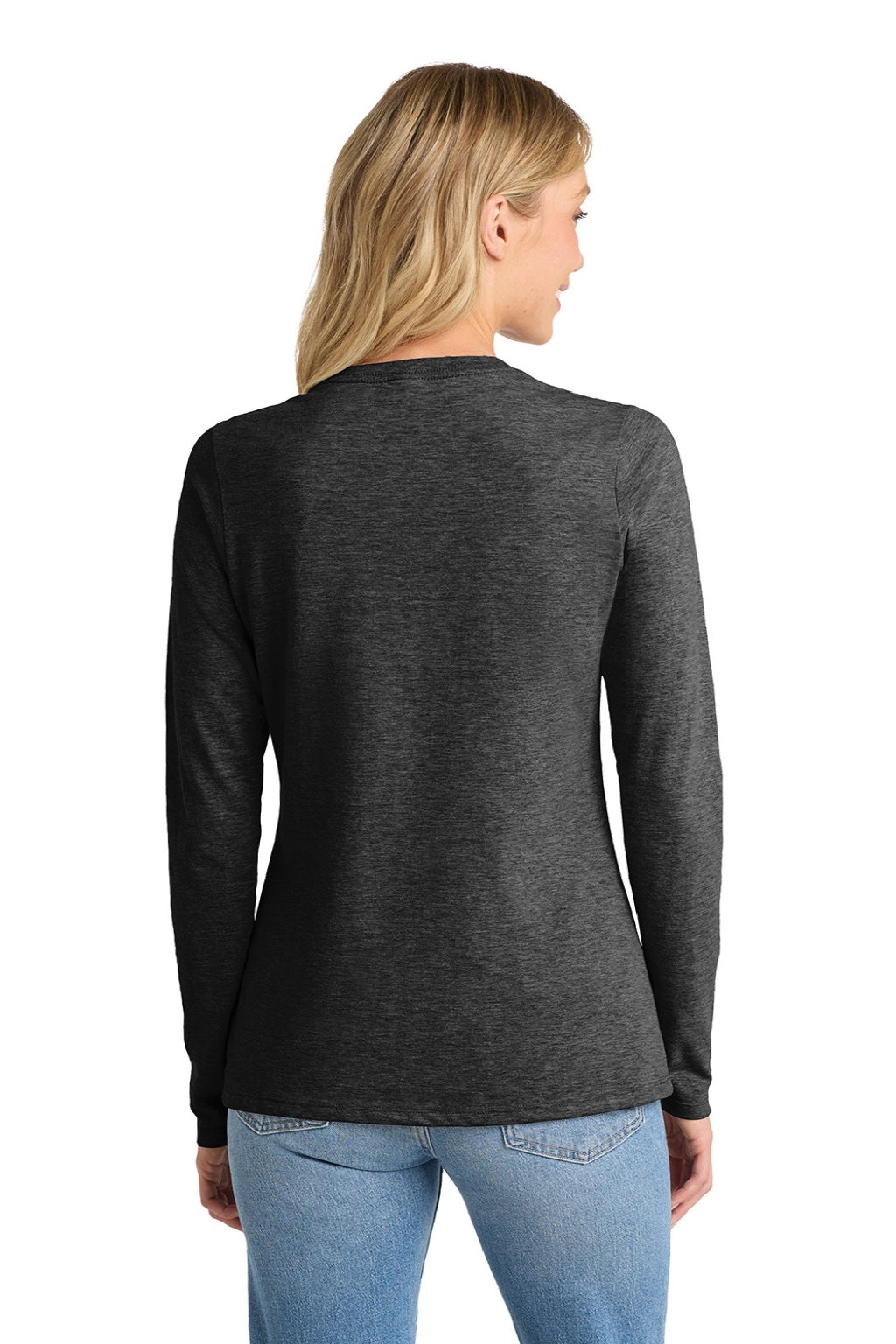 Port & Company LPC450VLS Womens Fan Favorite Long Sleeve V-Neck T-Shirt Heather Dark Grey Model Back