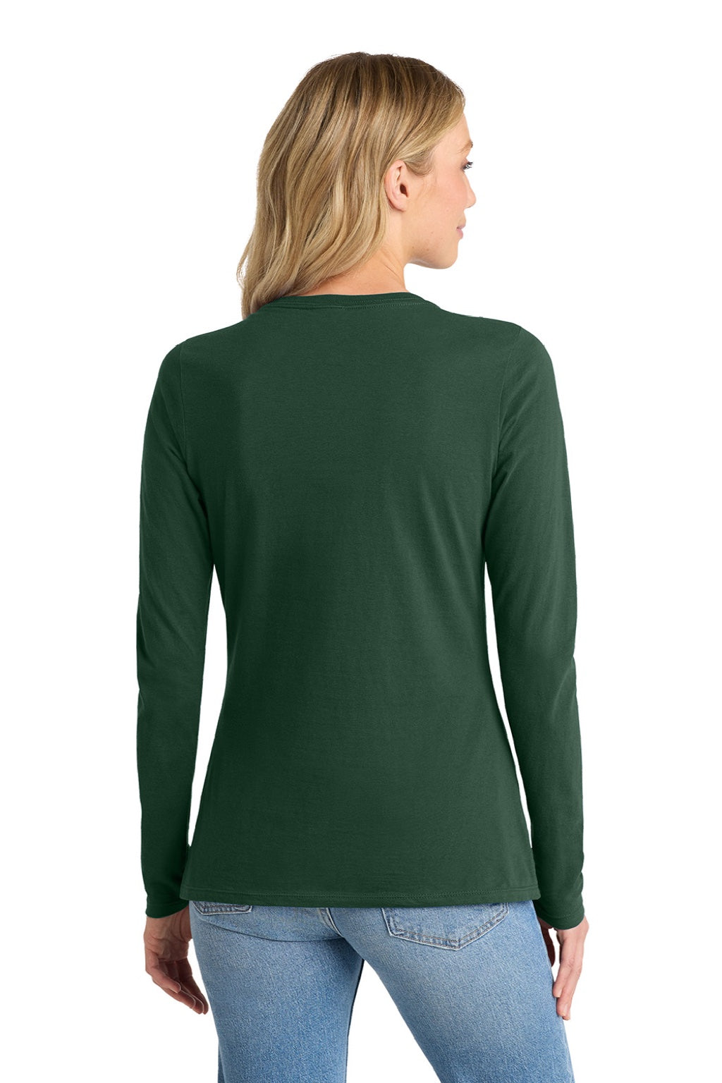 Port & Company LPC450VLS Womens Fan Favorite Long Sleeve V-Neck T-Shirt Forest Green Model Back