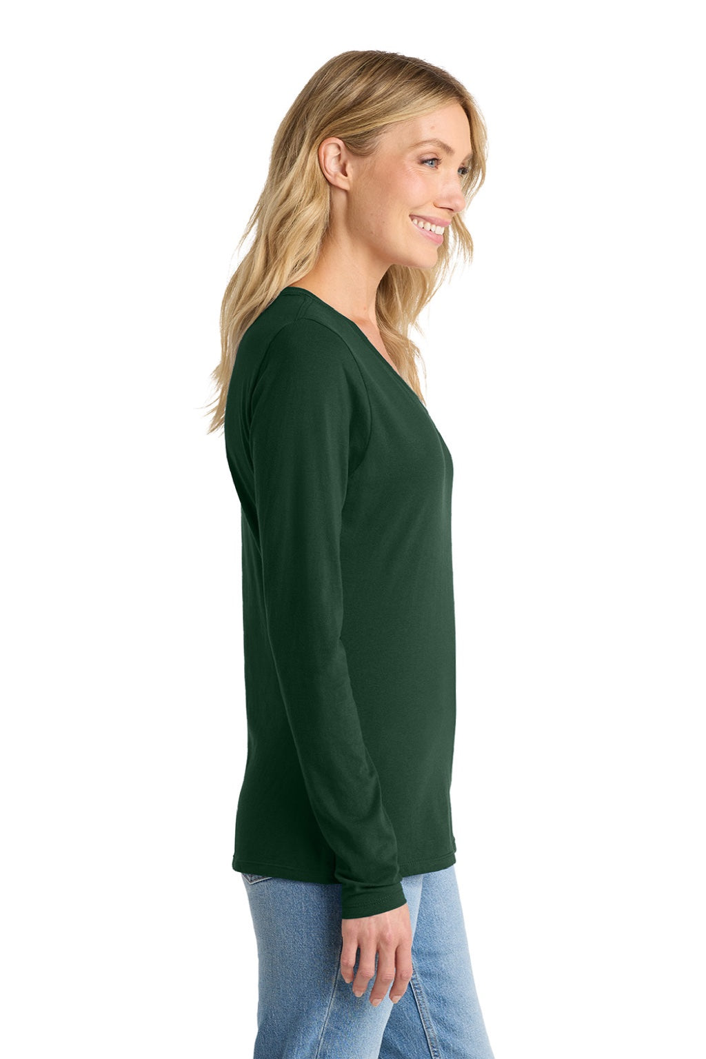 Port & Company LPC450VLS Womens Fan Favorite Long Sleeve V-Neck T-Shirt Forest Green Model Side