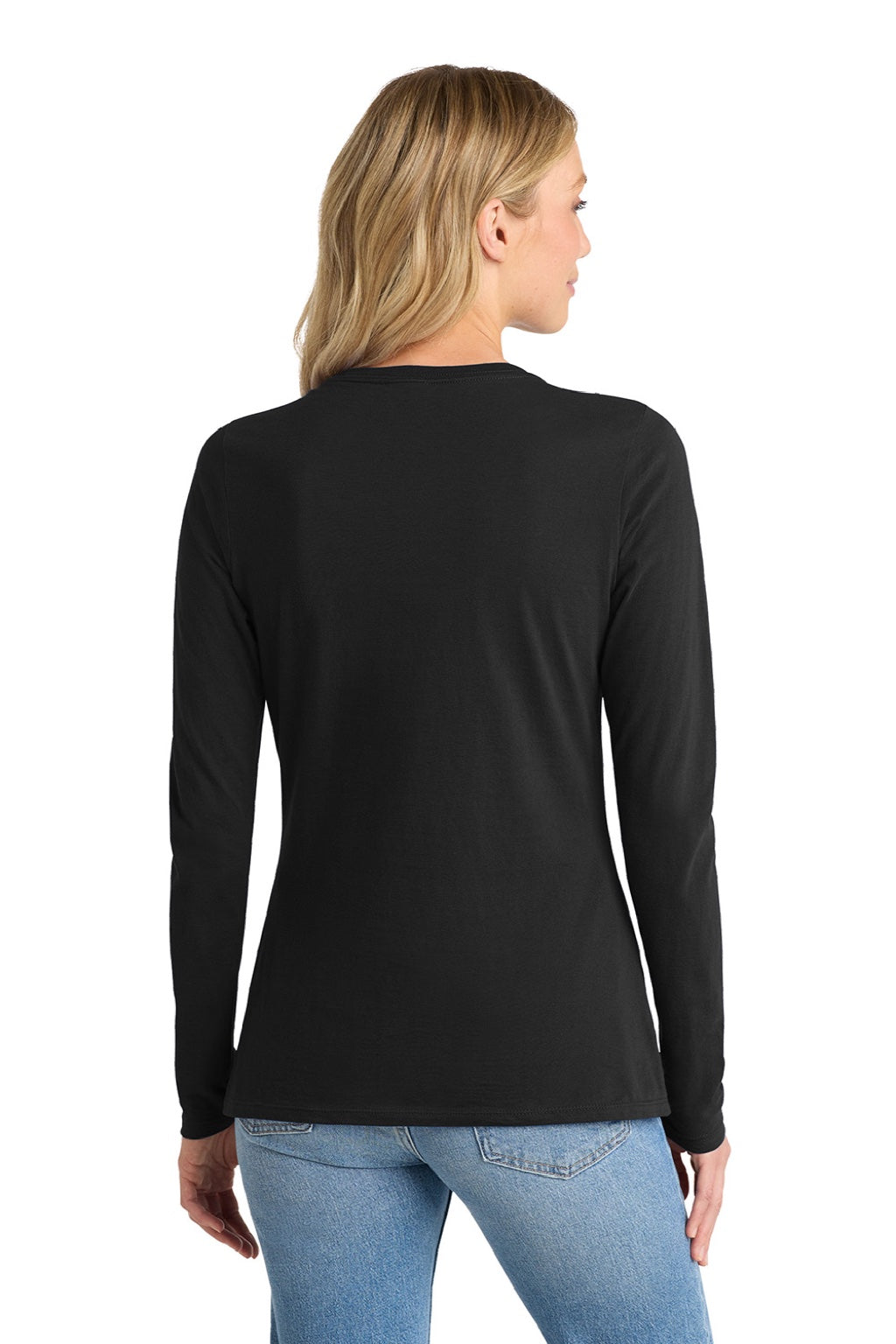 Port & Company LPC450VLS Womens Fan Favorite Long Sleeve V-Neck T-Shirt Jet Black Model Back