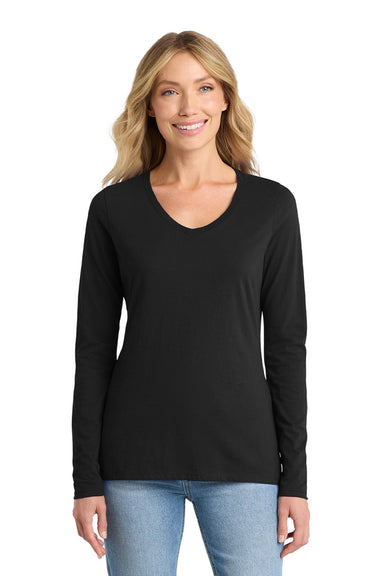 Port & Company LPC450VLS Womens Fan Favorite Long Sleeve V-Neck T-Shirt Jet Black Model Front