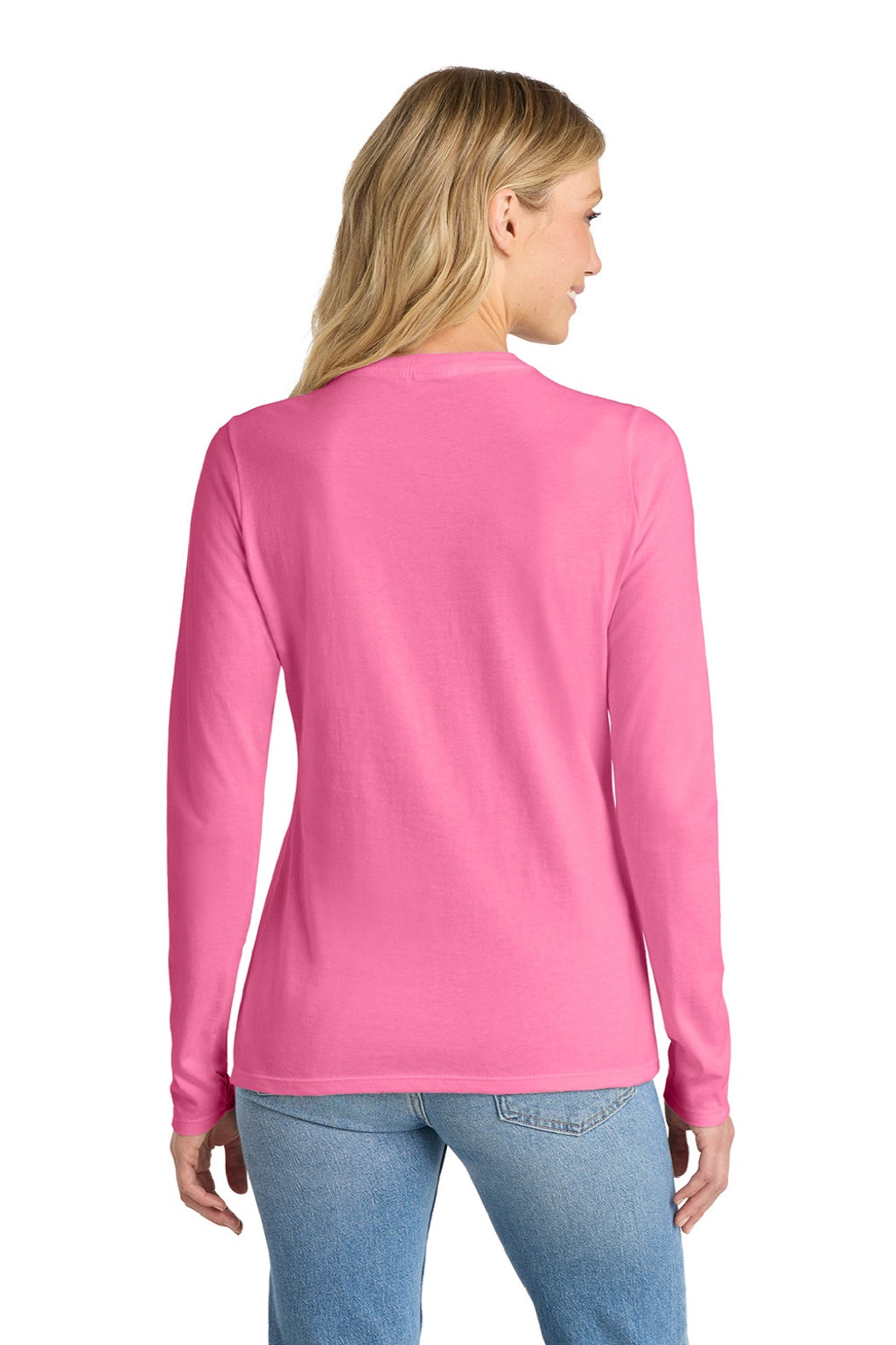 Port & Company LPC450VLS Womens Fan Favorite Long Sleeve V-Neck T-Shirt New Pink Model Back