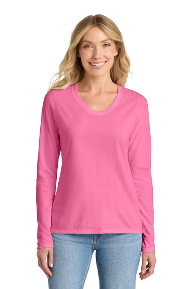 Port & Company LPC450VLS Womens Fan Favorite Long Sleeve V-Neck T-Shirt New Pink Model Front