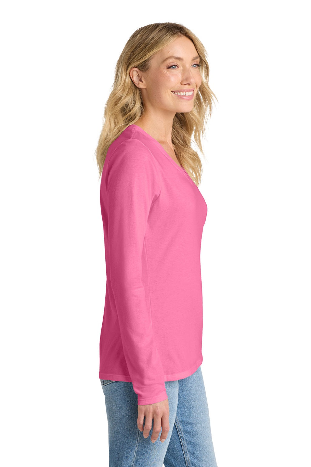 Port & Company LPC450VLS Womens Fan Favorite Long Sleeve V-Neck T-Shirt New Pink Model Side