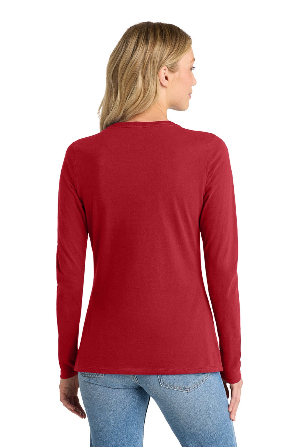 Port & Company LPC450VLS Womens Fan Favorite Long Sleeve V-Neck T-Shirt Team Cardinal Red Model Back