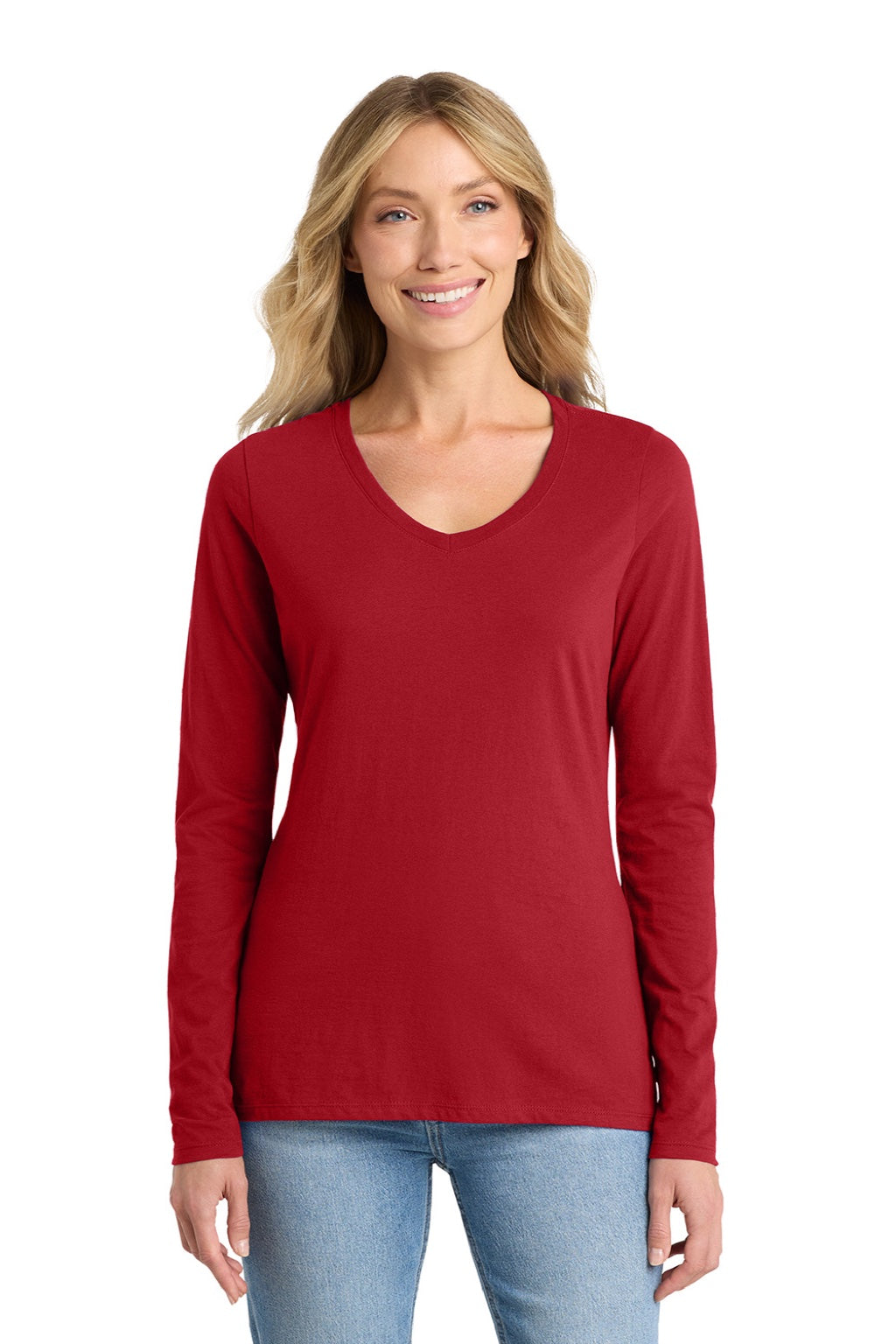 Port & Company LPC450VLS Womens Fan Favorite Long Sleeve V-Neck T-Shirt Team Cardinal Red Model Front