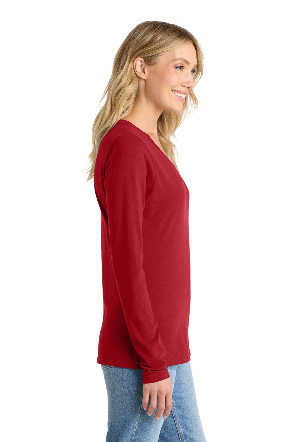 Port & Company LPC450VLS Womens Fan Favorite Long Sleeve V-Neck T-Shirt Team Cardinal Red Model Side