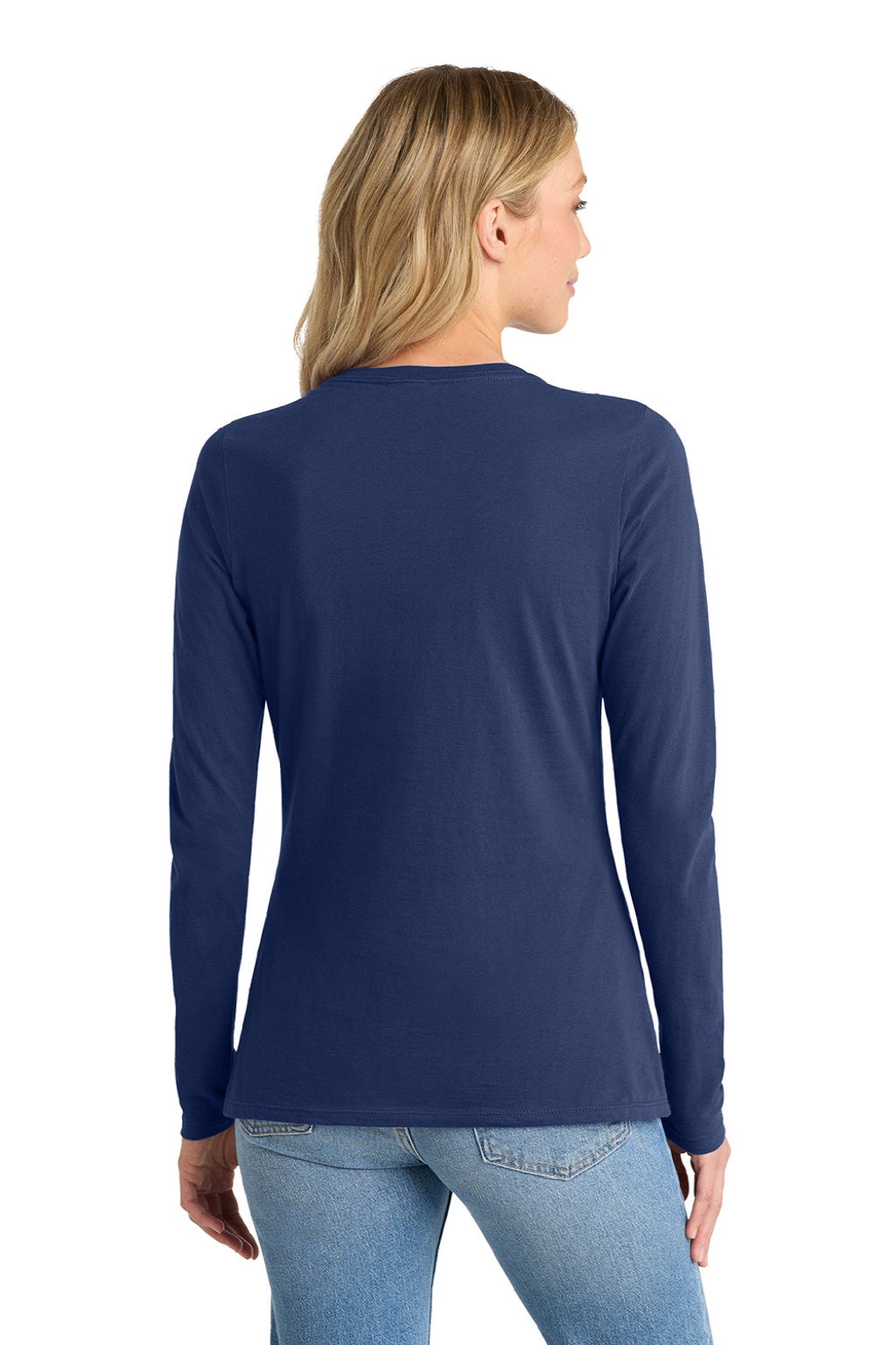 Port & Company LPC450VLS Womens Fan Favorite Long Sleeve V-Neck T-Shirt Team Navy Blue Model Back