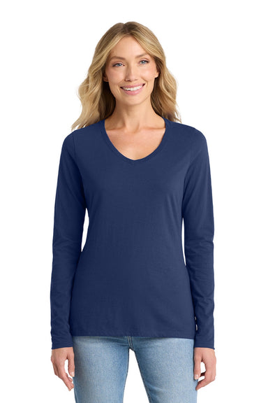 Port & Company LPC450VLS Womens Fan Favorite Long Sleeve V-Neck T-Shirt Team Navy Blue Model Front