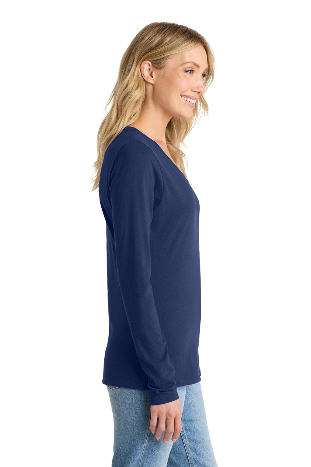 Port & Company LPC450VLS Womens Fan Favorite Long Sleeve V-Neck T-Shirt Team Navy Blue Model Side