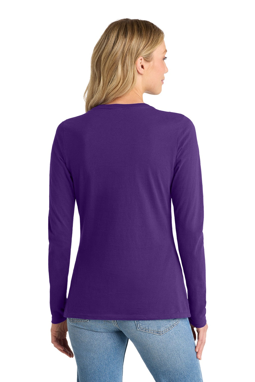 Port & Company LPC450VLS Womens Fan Favorite Long Sleeve V-Neck T-Shirt Team Purple Model Back