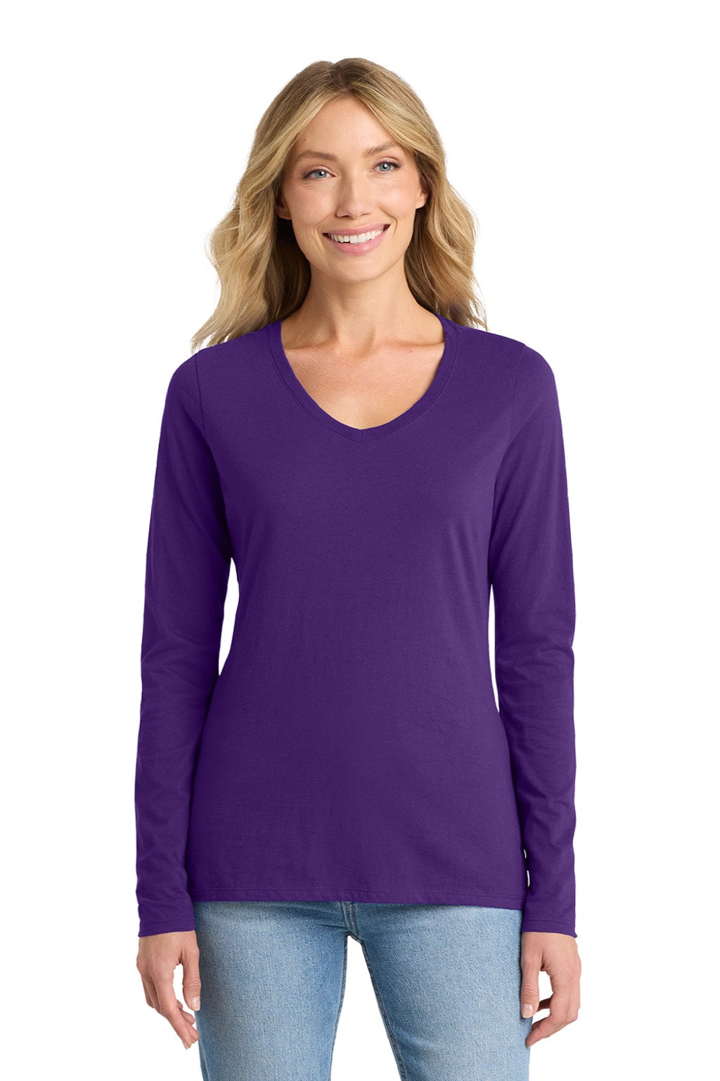 Port & Company LPC450VLS Womens Fan Favorite Long Sleeve V-Neck T-Shirt Team Purple Model Front