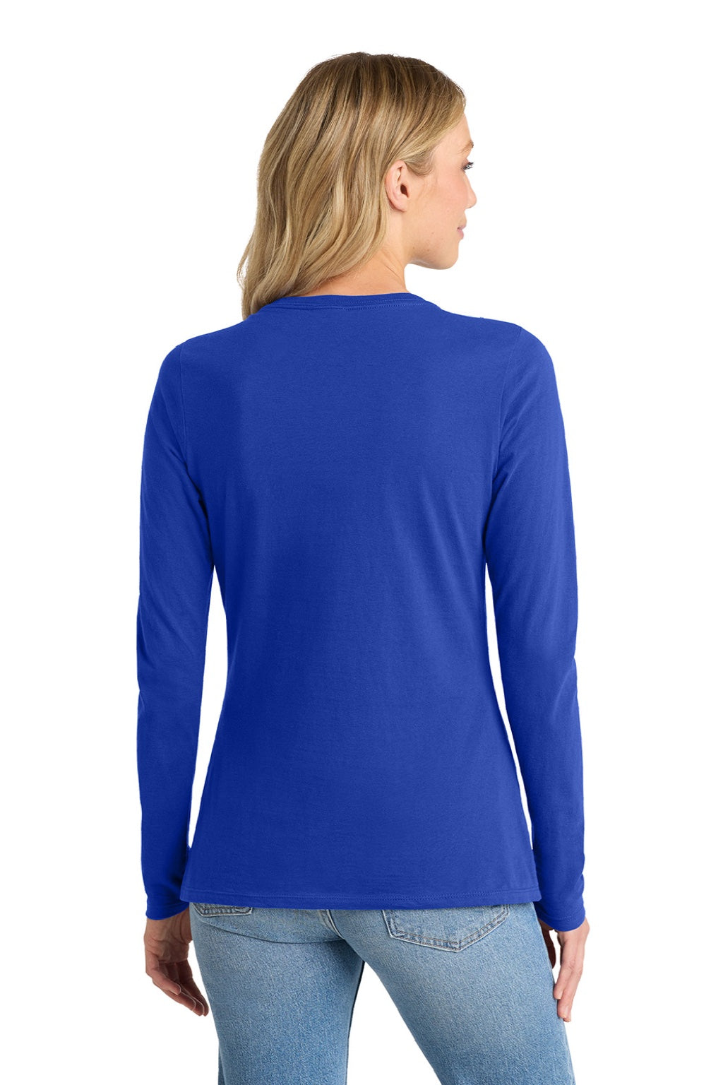 Port & Company LPC450VLS Womens Fan Favorite Long Sleeve V-Neck T-Shirt True Royal Blue Model Back